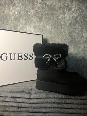 Guess Black Faux-Fur Crystal Bow Platform Ankle Booties